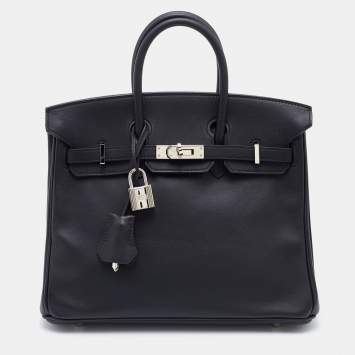 Pre Owned Hermes Black Swift Leather Palladium Finish Birkin 25 Bag 