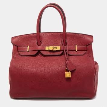 Pre Owned Hermes Rouge Grenat Clemence Leather Gold Finish Birkin 35 Bag