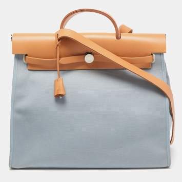 Pre Owned Hermes Natural/Bleu Lin Vache Hunter and Canvas Herbag Zip 39 Bag