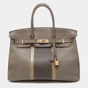 Pre Owned Hermès Etain/Graphite/Gris Fonce Clemence Leather and Lizard Permabrass Finish Birkin 35 Bag