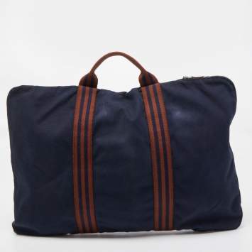 Pre Owned Hermes Navy Blue/Brown Canvas Fourre Tout Briefcase Bag