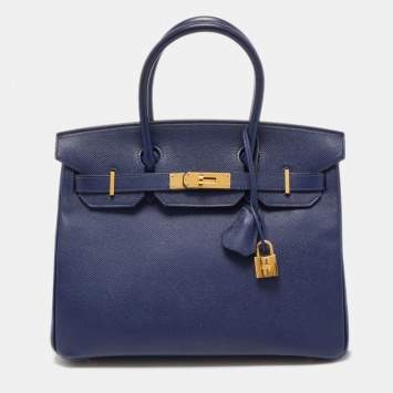 Pre Owned Hermes Blue Saphir Epsom Leather Gold Finish Birkin 30 Bag