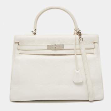 Pre Owned Hermès Blanc  Taurillon Clemence Leather Palladium Finish Kelly Retourne 35 Bag