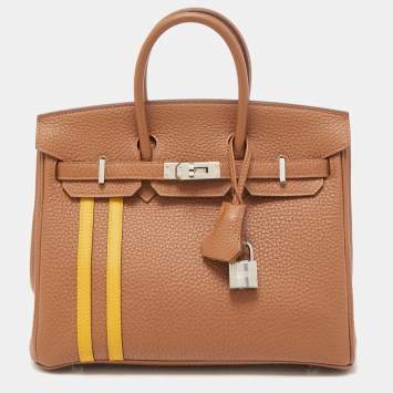 Pre Owned Hermes Gold/Jaune Ambre Togo and Swift Leather Palladium Finish Officer Birkin 25 Bag