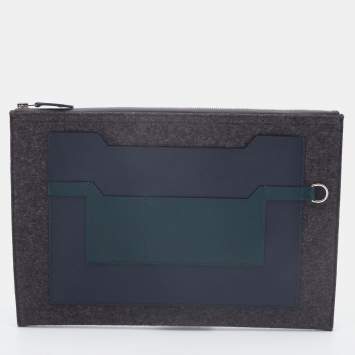 Pre Owned Hermes Paris Grey/Blue Obscurs/Ver Anglais Wool and Epsom Leather Colorblock Toodoo Pouch