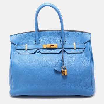 Pre Owned Hermès Bleu Paradis Clemence Leather Gold Finish Birkin 35 Bag