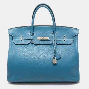 Pre Owned Hermes Bleu Jean Togo Leather Palladium Finish Birkin 40 Bag