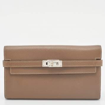 Pre Owned Hermes Etoupe Epsom/Cherve Leather Palladium Finish Kelly Wallet w/ Vision II Agenda Cover