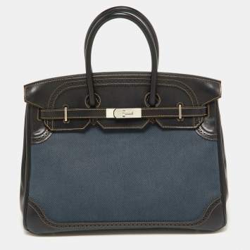 Pre Owned Hermes Black Denim Fonce Toile/Evercalf Leather Palladium Finish Birkin 35 Ghillies Bag
