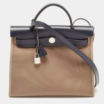 Pre Owned Hermes Vache Hunter/Toile Bleu Indigo/Etoupe Canvas and Leather Herbag Zip 31 Bag