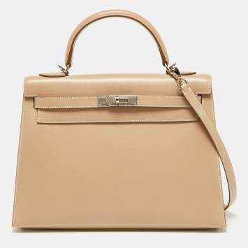 Pre Owned Hermes Argile Tadelakt Leather Guilloche Kelly Sellier 32 Bag