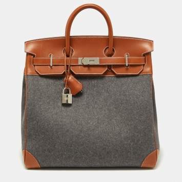 Pre Owned Hermes Gris Moyen/Fauve Wool and Barenia Leather Palladium Finish HAC Birkin 40 Bag
