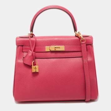 Pre Owned Hermes Rose Extreme Taurillon Clemence Leather Gold Finish Kelly Retourne 28 Bag