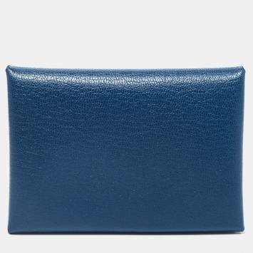 Pre Owned Hermes Deep Blue Chevre Leather Calvi Duo Card Holder