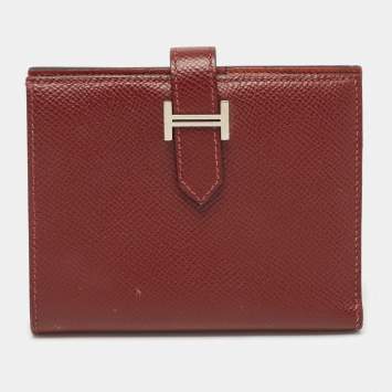 Pre Owned Hermes Rouge Sellier/Cuivre Epsom Leather Bearn Compact Wallet