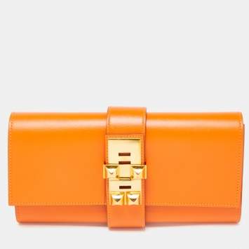 Pre Owned Hermes Orange Tadelakt Leather Medor 23 Clutch