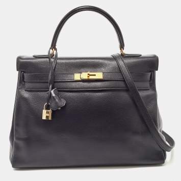 Pre Owned Hermes Black Gulliver Leather Gold Finish Kelly 35 Bag