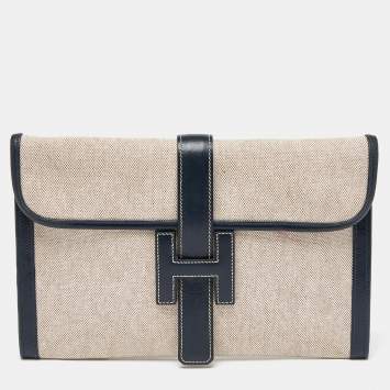 Pre Owned Hermes Box/Bleu Marine Toile H Canvas and Leather Elan 29 Jige Clutch