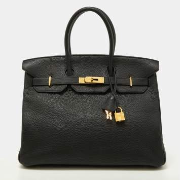 Pre Owned Hermes Black Taurillon Clemence Leather Gold Finish Birkin 35 Bag