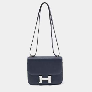 Pre Owned Hermès Bleu Nuit Evercolor Leather Palladium Finish Constance III Mini Bag
