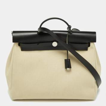 Hermès Beton/Black Toile Canvas and Vache Hunter Leather Herbag Zip 39 Bag