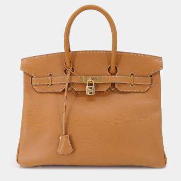 Pre Owned HERMES Birkin 35 Hand Bag Ardennes Natural F Stamp Gold Hardware