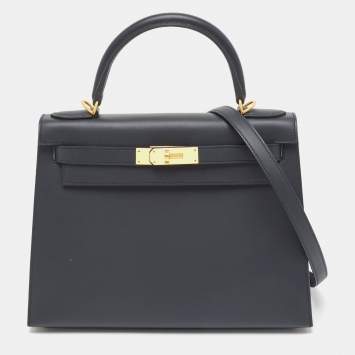 Pre Owned Hermes Bleu Obscure/Rouge H Sombrero Leather Brushed Gold Finish Kelly Sellier 28 Bag