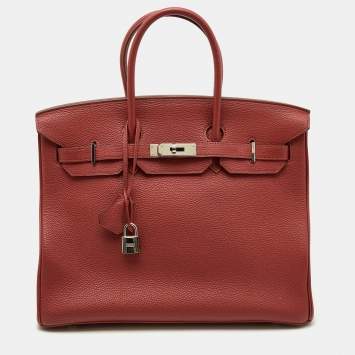 Pre Owned Hermes Rouge Garance Togo Leather Palladium Finish Birkin 35 Bag