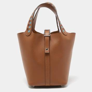 Pre Owned Hermes Gold/Bleu Du Nord/Rouge H Epsom Leather Picotin Lock Tressage PM Bag