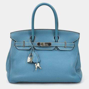 Pre Owned Hermes Handbag Birkin 30 Taurillon Clemence Turquoise Silver Ladies