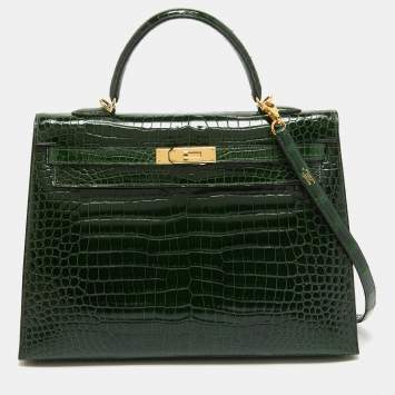 Pre Owned Hermes Vert Fonce Shine Crocodile Porosus Gold Finish Kelly Sellier 35 Bag