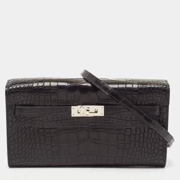 Pre Owned Hermès Noir Matte Alligator Mississippiensis Kelly To Go Wallet