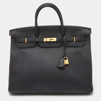 Pre Owned Hermes Noir/Bleu Nuit Togo Leather Brushed Gold Finish Birkin 40 Bag