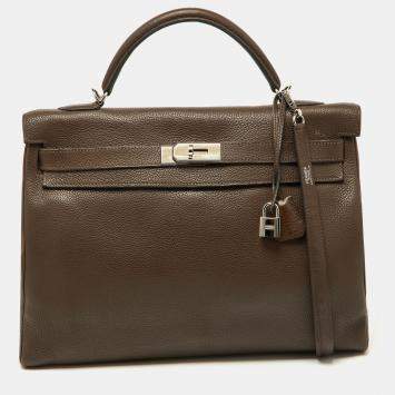 Pre Owned Hermes Chocolat Taurillon Clemence Leather Palladium Finish Kelly Retourne 40 Bag