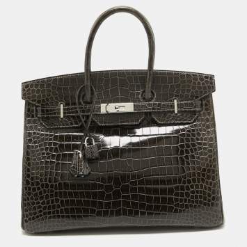 Pre Owned Hermes Graphite Crocodile Porosus Palladium Finish Birkin 35 Bag