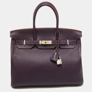 Pre Owned Hermes Raisin Taurillon Clemence Leather Palladium Finish Birkin 35 Bag