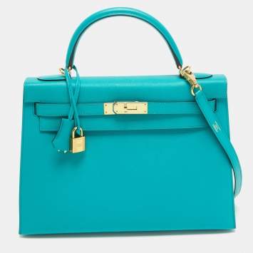 Pre Owned Hermes Bleu Paon Epsom Leather Gold Finish Kelly Sellier 32 Bag