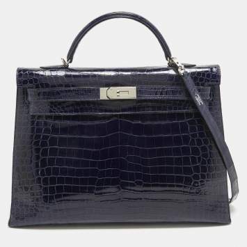 Pre Owned Hermes Bleu Roi Shine Crocodile Porosus Palladium Finish Kelly Sellier 40 Bag