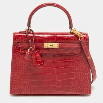 Pre Owned Hermes Rouge de Coeur Alligator Mississippiensis Gold Finish Kelly Sellier 25 Bag