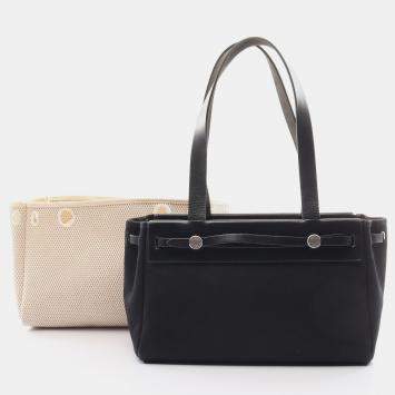 Pre Owned Hermes HerBag bag Kabas PM Shoulder bag Tote bag Canvas Leather Black Silver hardware G stamp