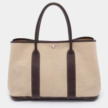 Pre Owned Hermes Garden party PM Handbag Tote bag Toile ash Leather Beige Dark brown Silver hardware J carved stamp