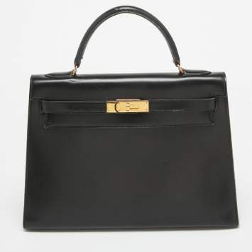 مملوكة مسبقًا Hermes Noir Box Leather Gold Finish Kelly Sellier 32 Bag