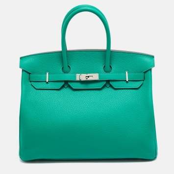Pre Owned Hermes Vert Vertigo/Vert Fonce Taurillon Clemence Palladium Finish Birkin 35 Bag