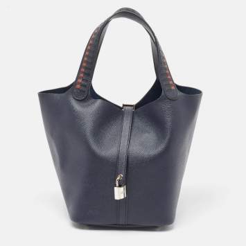 Pre Owned Hermes Bleu Indigo/Noir/Terre Battue Epsom Leather Picotin Lock Tressage 22 Bag