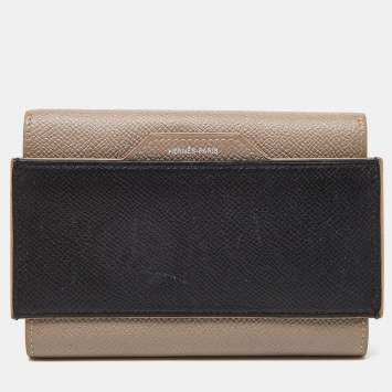 Pre Owned Hermès Etain/Black Epsom Leather Passant Compact Wallet