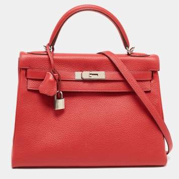 Pre Owned Hermès Rouge Casaque Togo Leather Palladium Finish Kelly Retourne 32 Bag