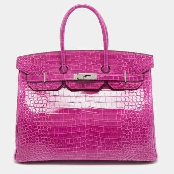 Pre Owned Hermès  Rose Sheherazade Shine Porosus Crocodile Palladium Finish Birkin 35
