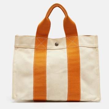 Pre Owned Hermes Cream/Orange Canvas Bora Bora PM Tote   