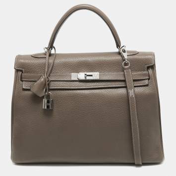 Hermes Etain Taurillion Clemence Leather Palladium Finish Kelly Retourne 35 Bag