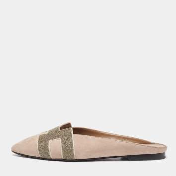 Pre Owned Hermes Beige Suede and Crystal Embellished Roxane Mules Size 36